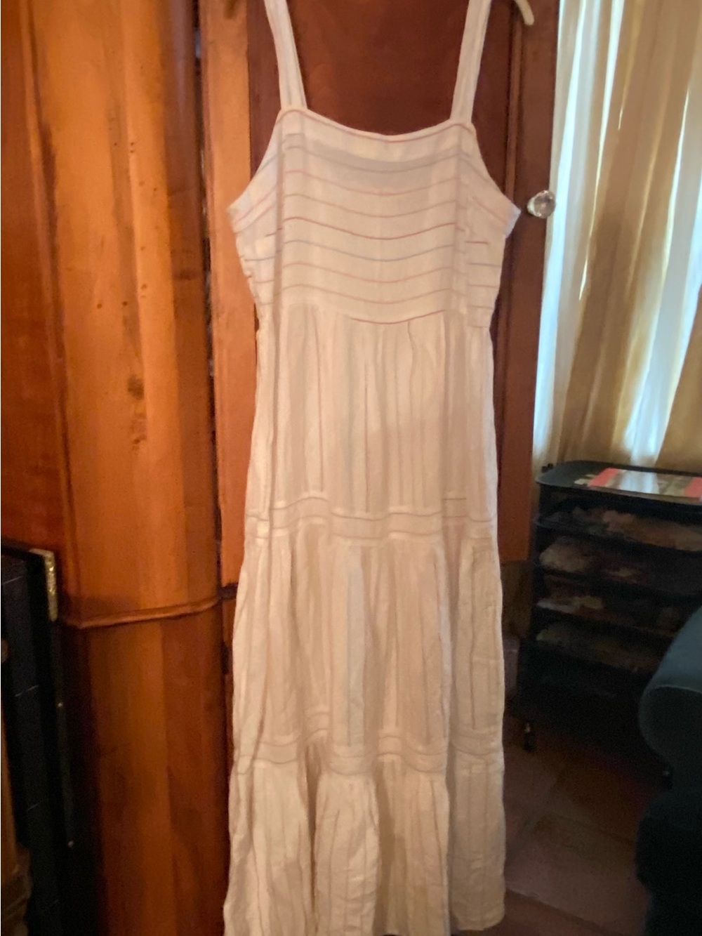 NWT Loft Cream Tiered Striped Linen Blend Maxi Sundress with Straps Size 16